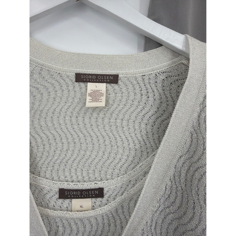 Sigrid Olsen 3 Piece Set Metallic Knit Cardigan Cami Silk Blend Pants Grey 16 L - Picture 12 of 16